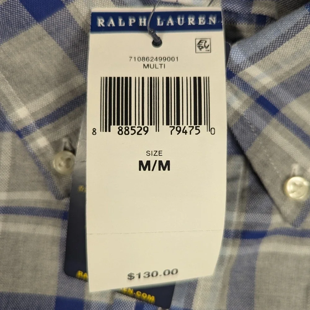 NEW Polo Ralph Lauren Mens Classic Fit Plaid Button Down Shirt Blue Grey Medium